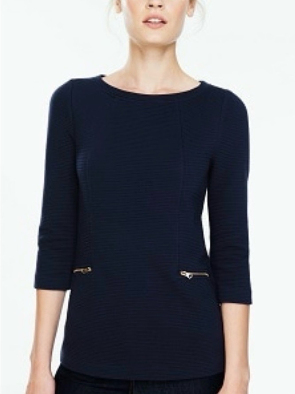 Boden Ottoman Zip Top Navy BandRibbed with 3/4 Sleeves Gold Zipper Details US